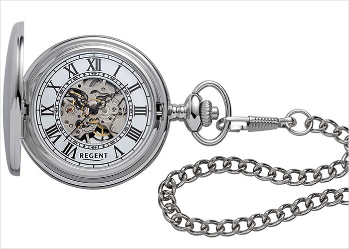 Pocket watch with chain mechanical, skeletonized and visible movement.